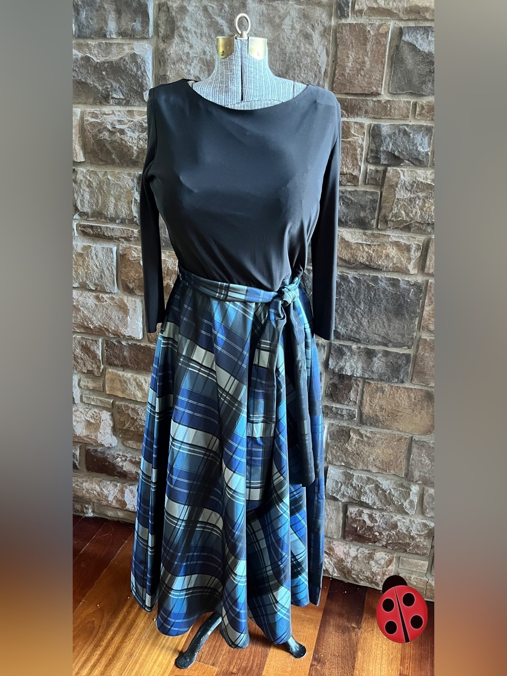 Coldwater Creek Blue Plaid Circle Skirt with Tie Waist